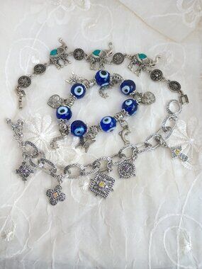 Vintage Mixed Lot of 3 Charm Bracelets Multicolor Evil Eye